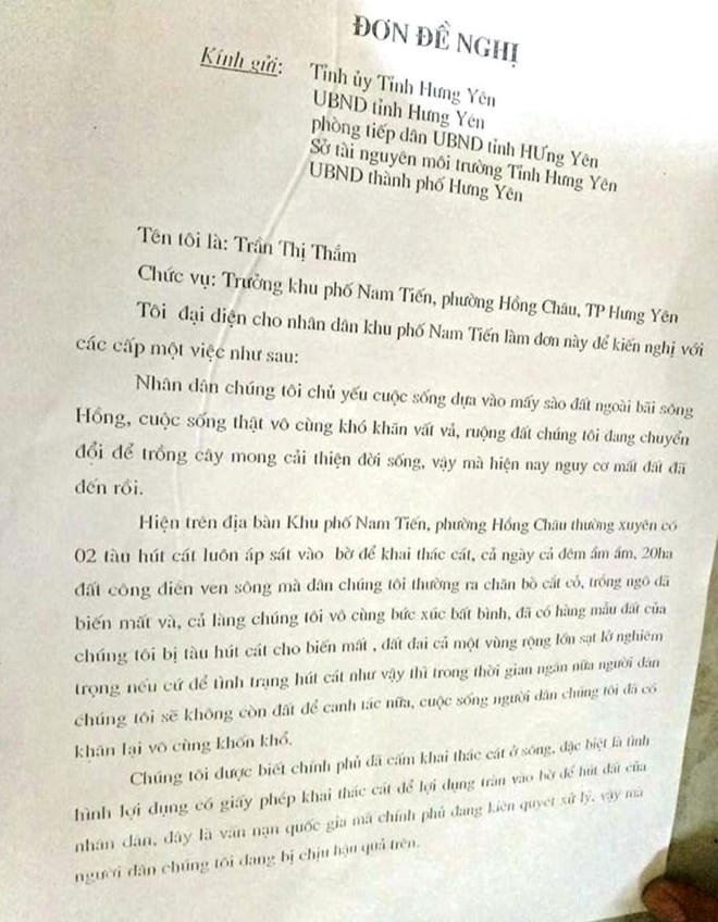 Đơn phản ánh của người dân phường Mai Khai về hoạt động hút cát ven sông Hồng. (Ảnh: Người dân cung cấp)