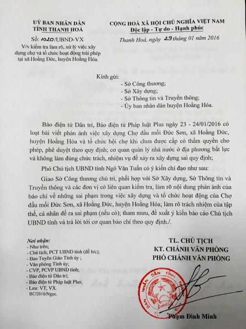 Sau khi Pháp Luật Plus phản ánh thực trạng xây chợ Đức Sơn trái phép, UBND tỉnh đã vào cuộc chỉ đạo làm rõ và xử lý việc xây chợ, hoạt động trái phép.