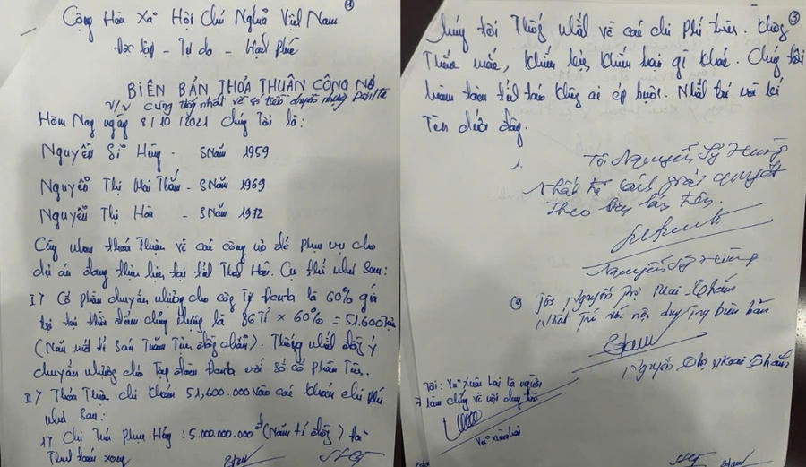 Hình ảnh Biên bản thoả thuận giữa các cổ đông do bà Nguyễn Thị Mai Thắm - Tổng Giám đốc Công ty AMC Toàn Cầu cung cấp cho Báo PLVN
					
				
			
			Hình ảnh Biên bản thoả thuận giữa các cổ đông do bà Nguyễn Thị Mai Thắm - Tổng Giám đốc Công ty AMC Toàn Cầu cung cấp cho Báo PLVN