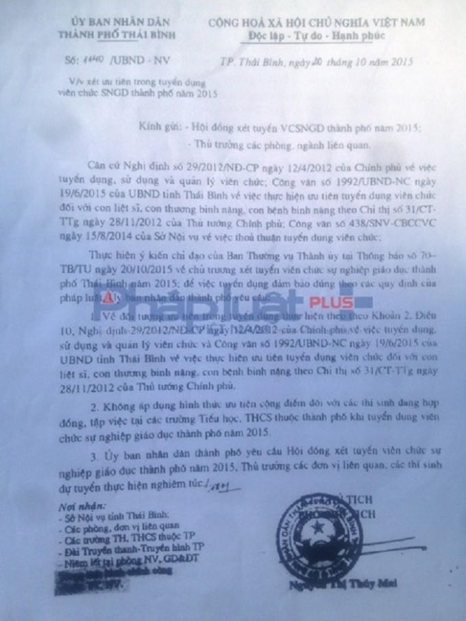 Thông báo số 1140/UBND-NV của UBND TP Thái Bình khiến hàng loạt thí sinh từ đỗ trở thành trượt.