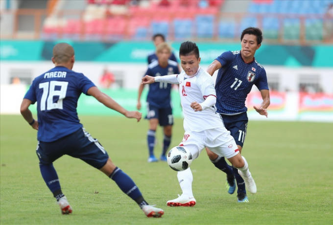 Quang Hải và các đồng đội từng đánh bại Nhật Bản ở Asiad 2018.