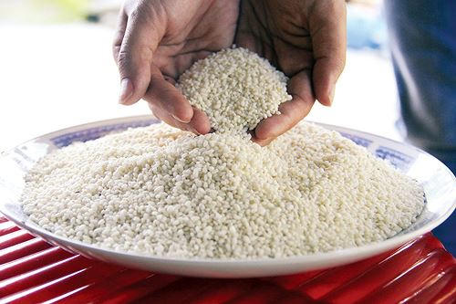 Hạt nếp đắng trắng ngần, tròn to dùng nấu bánh tét, bánh xoài xôi… Ảnh: Thanh Trần.