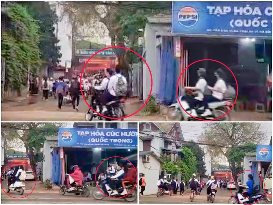 Nhiều học sinh điều khiển xe mô tô, không đội mũ bảo hiểm bị CSGT ghi hình.