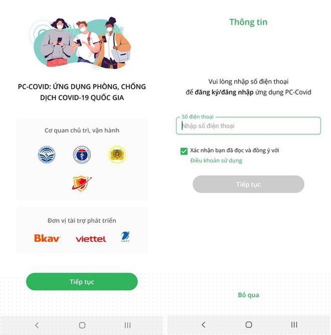 Giao diện sử dụng của ứng dụng PC-Covid.