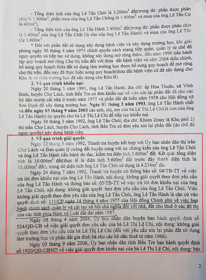 Báo cáo số 151/BC-TT của Thanh tra huyện Chợ Lạch nêu rõ quá trình giải quyết đơn thư của bà Chi.