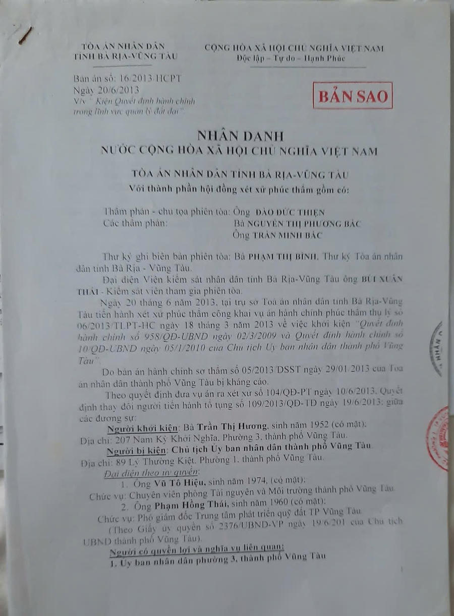 Bản án phúc thẩm của TAND tỉnh Bà Rịa - Vũng Tàu y án nội dung bà Trần Thị Hương thắng kiện.