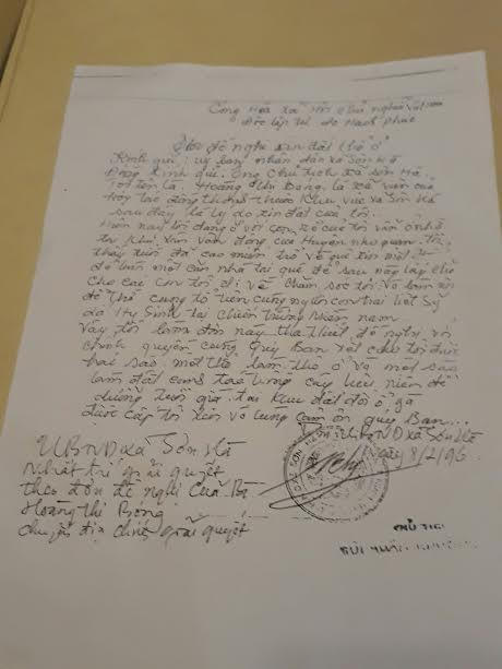 Đơn của bà Bóng viết năm 1996 đề nghị xã Sơn Hà cấp đất diện tích 720m2.