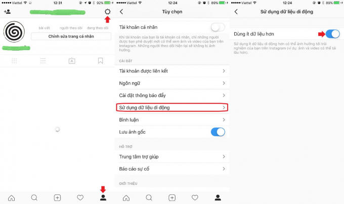 Tiết kiệm 4G trên iPhone: Bấm vào tab tài khoản hình người ở góc dưới bên phải màn hình, sau đó chúng ta bấm vào nút hình bánh răng ở góc trên bên phải. Khi cuộn màn hình xuống khu vực giữa, trong phần Cài đặt bấm chọn Sử dụng dữ liệu di động. Ở màn hình tiếp theo, bật tùy chọn Dùng dữ liệu ít hơn.