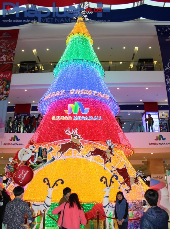 Cây thông với bóng điện đầy màu sắc luôn hấp dẫn các bạn trẻ. (Ảnh: Đức Biên)