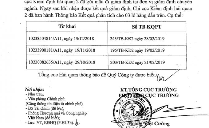 Văn bản trả lời từ phía Tổng cục Hải quan.