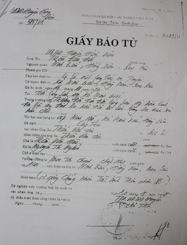 Giấy báo tử của ông Đực được đề nghị xác nhận là liệt sĩ.