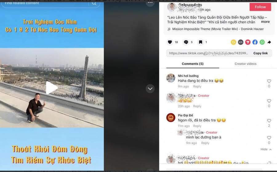 Clip được người này đăng tải kèm nhiều bình luận khi leo lên nóc Bảo tàng Lịch sử quân sự Việt Nam ngày 11-11