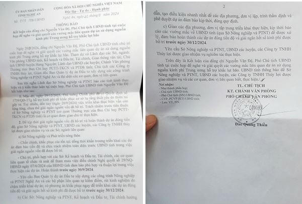 Thông báo của Phó chủ tịch UBND tỉnh Nghệ An về việc đẩy nhanh tiến độ giải ngân nguồn vốn