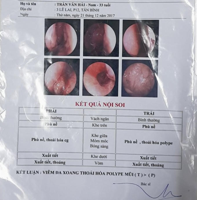 Phiếu ghi nhận kết quả khám tại phòng khám của anh Hải