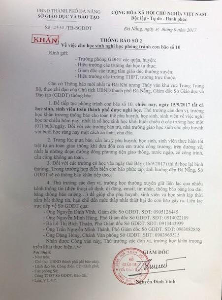 Công văn khẩn của Sở cho học sinh trên địa bàn nghỉ học từ chiều 15/9.