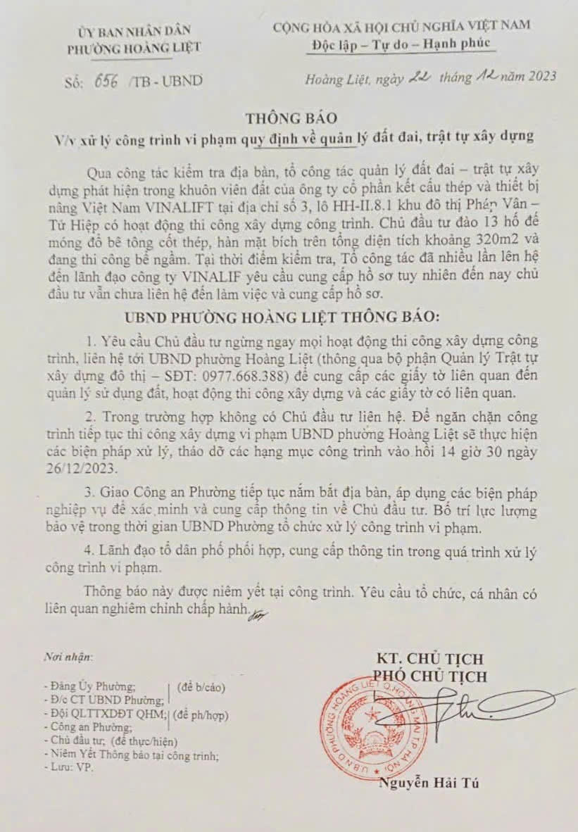 Thông báo số 656/TB-UBND ngày 22/12/2023 về việc xử lý công trình vi phạm quy định về quản lý đất đai, trật tự xây dựng của UBND phường Hoàng Liệt.