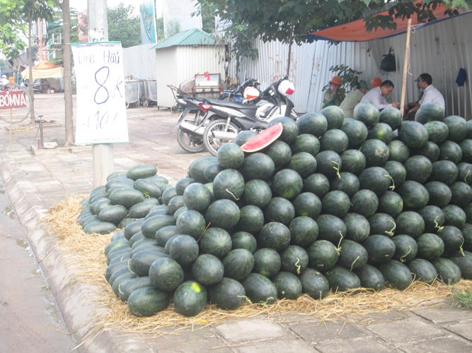 Hoa quả giá rẻ chất đống bên vỉa hè