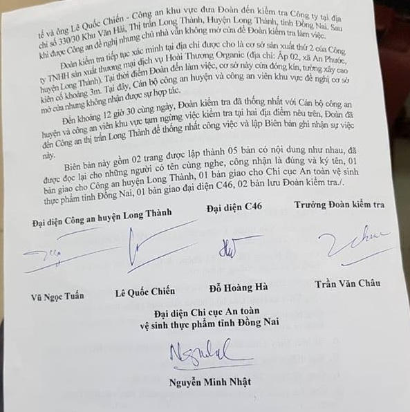 Biên bản làm việc trước đó của Đoàn kiểm tra nhưng không nhận được sự hợp tác từ Công ty Hoài Thương Organic.