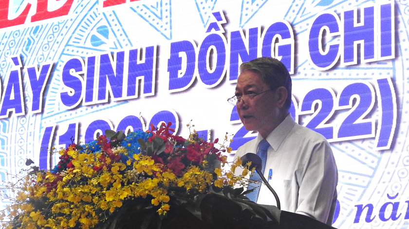 Đại diện thân nhân gia đình ông Võ Văn Ngân - ông Nguyễn Đô Lương (cháu ngoại ông Võ Văn Ngân) phát biểu tại lễ kỷ niệm.