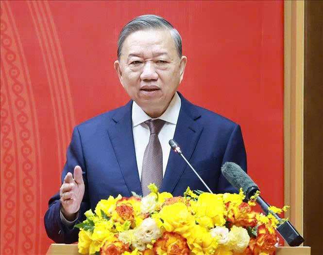 Tổng Bí thư Tô Lâm phát biểu tại buổi làm việc. (Ảnh: TTXVN)