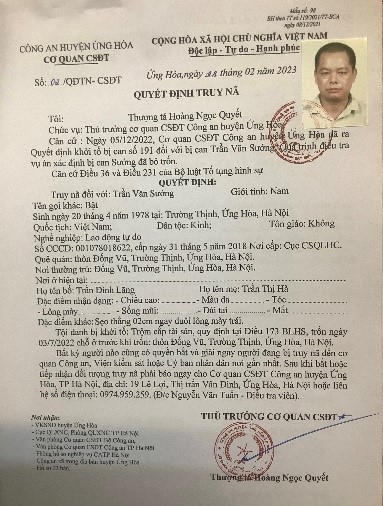 Quyết định truy nã Trần Văn Sướng