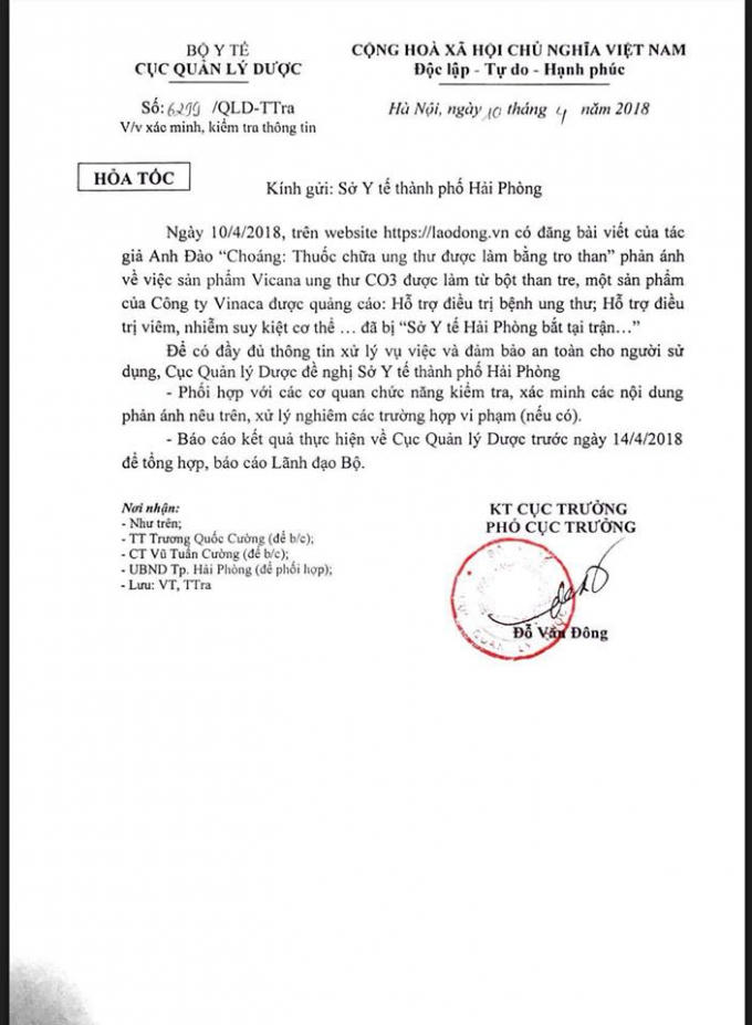 Công văn của Bộ Y tế yêu cầu làm rõ thông tin vụ thuốc chữa ung thư làm từ bột than