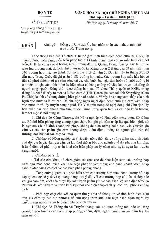 Công văn chỉ đạo của Bộ Y tế.