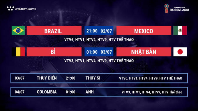 Lịch thi đấu World Cup 2018 h&ocirc;m nay (2/7)
