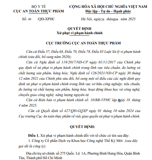 Một phần Quyết định xử phạt vi phạm hành chính đối với Công ty Cổ phần Dịch vụ Khoa học Công nghệ Thế Kỷ Mới .