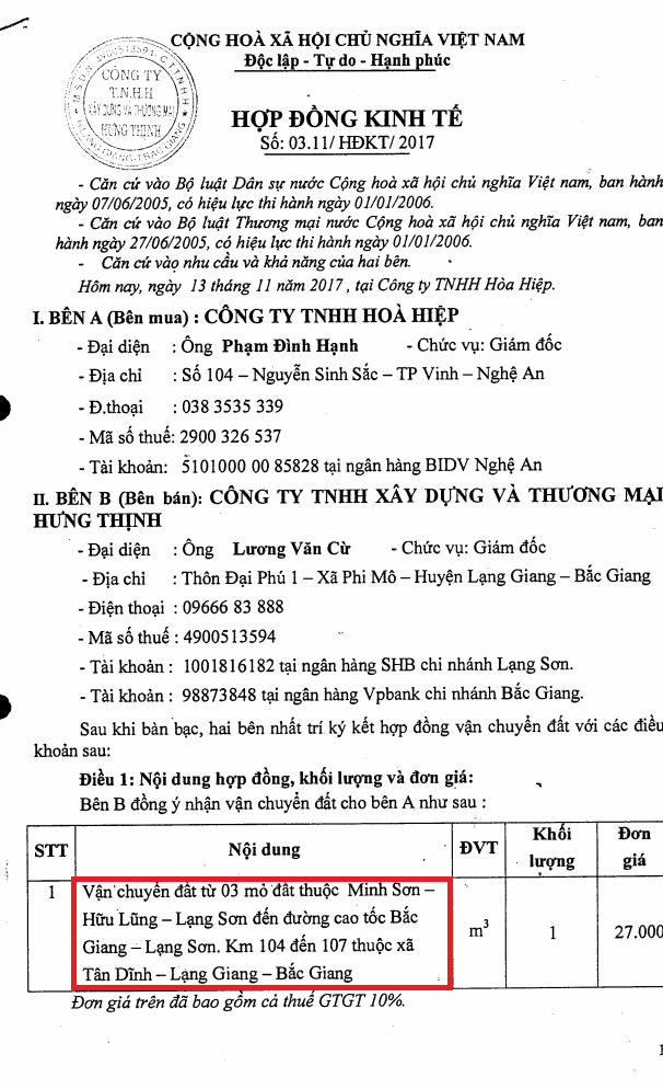 Hợp đồng của Công ty Hòa Hiệp và Công ty Hưng Thịnh.