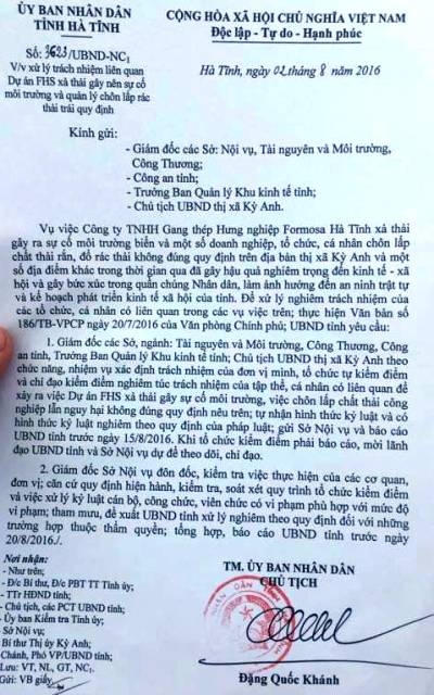 Văn bản ngày 2/8 của Chủ tịch UBND tỉnh Hà Tĩnh yêu cầu xử lý kỷ luật các tổ chức, cá nhân trong vụ việc vừa qua.