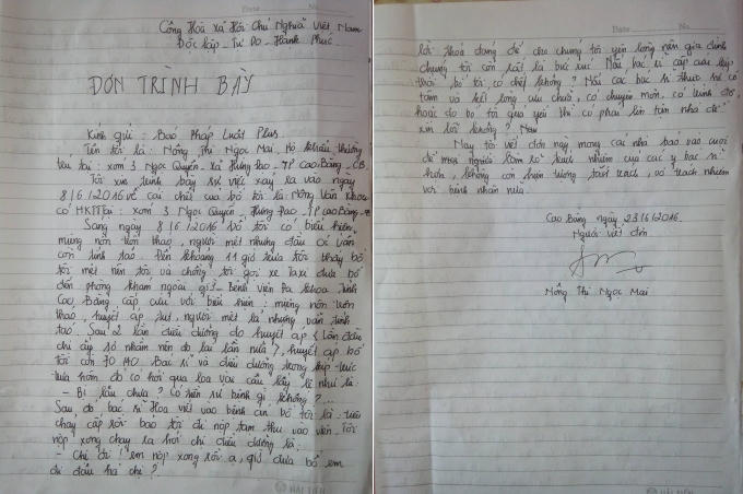 Lá đơn chị Mai gửi Pháp luật Plus trình bày về sự tắc trách của ekip trực ngày 8/6 của Bệnh viên Đa khoa tỉnh Cao Bằng.