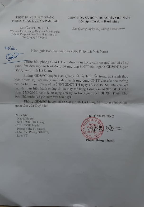 Công văn phản hồi báo Pháp luật Việt Nam của Phòng GD&amp;ĐT huyện Bắc Quang.