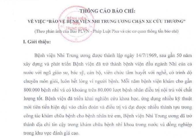 Văn bản trả lời từ lãnh đạo bệnh viện Nhi Trung ương.