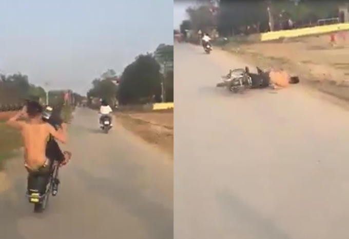 Nam thanh niên bốc đầu bị ngã. Ảnh: Cắt từ clip