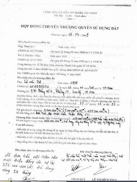 Hợp đồng chuyển nhượng QSDD mà ông Quý bán cho ông Dư từ năm 2009.
