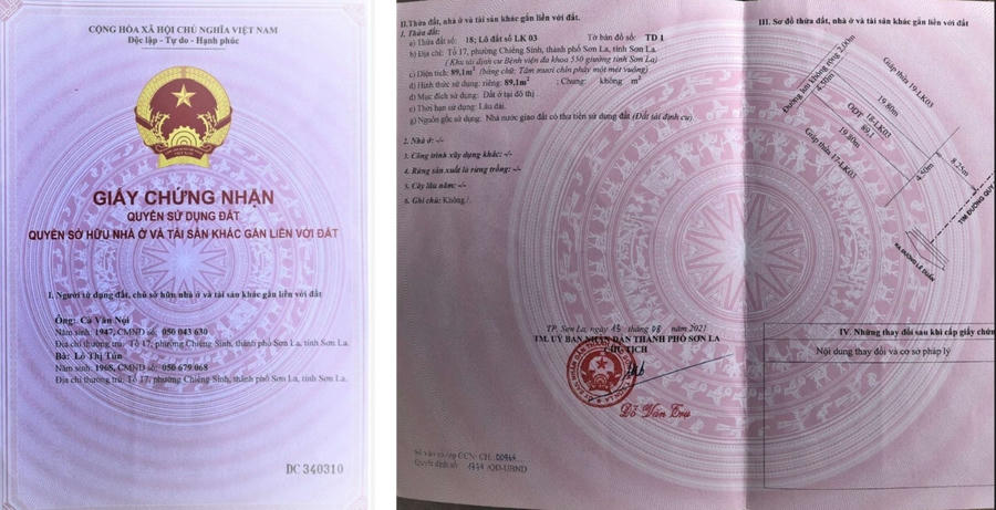 Giấy chứng nhận quyền sử dụng đất của ông Cà Văn Nọi được UBND TP Sơn La cấp 18/8/2021.