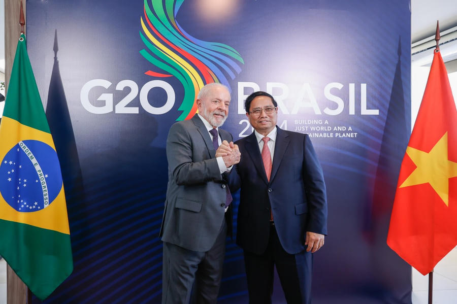 Thủ tướng Chính phủ Phạm Minh Chính và Tổng thống Brasil Luiz Inácio Lula da Silva trước hội đàm trong chuyến thăm chính thức Brasil và dự Hội nghị Thượng đỉnh G20 tháng 11/2024.