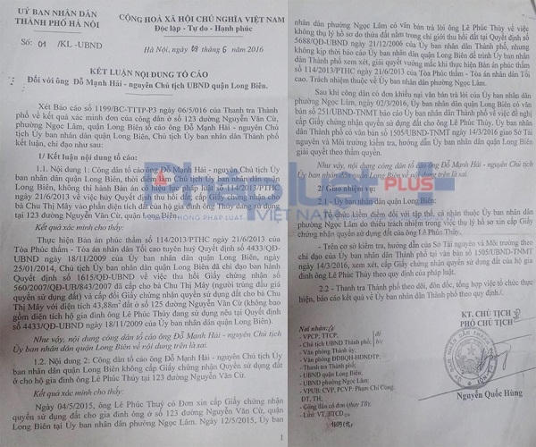 Ngày 9/6/2016 UBND Thành phố Hà Nội có văn bản số 01/KL –UBND ra kết luận.