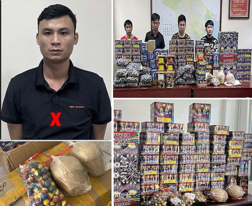 Đối tượng cầm đầu Vũ Văn Nam (X) và các đối tượng trong đường dây mua bán pháo trái phép cùng số pháo thu giữ.