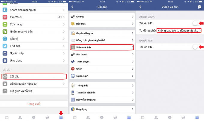 Tiết kiệm 4G trên iPhone: Bấm vào tab hình 3 gạch ở góc dưới bên phải màn hình, sau đó cuộn màn hình xuống dưới cùng và chọn Cài đặt → Cài đặt tài khoản. Ở màn hình tiếp theo chúng ta chọn Video và ảnh và có thể tắt hết các tùy chọn Tải lên HD.  Ở tùy chọn Tự động phát, bấm vào và chọn Không bao giờ tự động phát video.