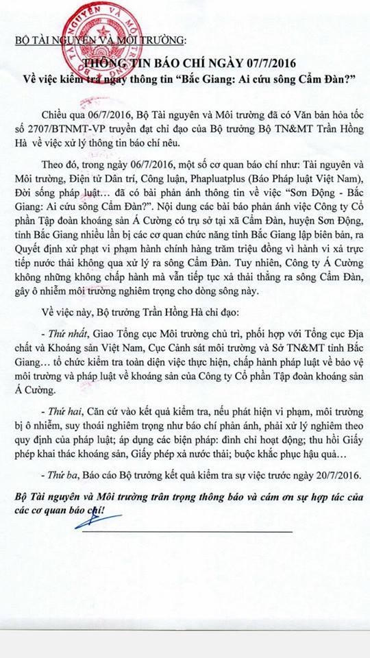 Văn bản chỉ đạo của Bộ trưởng Bộ Tài nguyên và Môi trường.