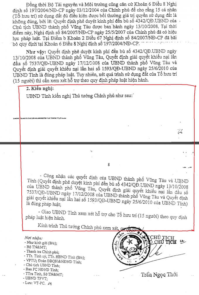 Báo cáo khiếu nại của UBND tỉnh Bà Rịa- Vũng Tàu gửi Thủ tướng Chính phủ về khiếu nại của dân
