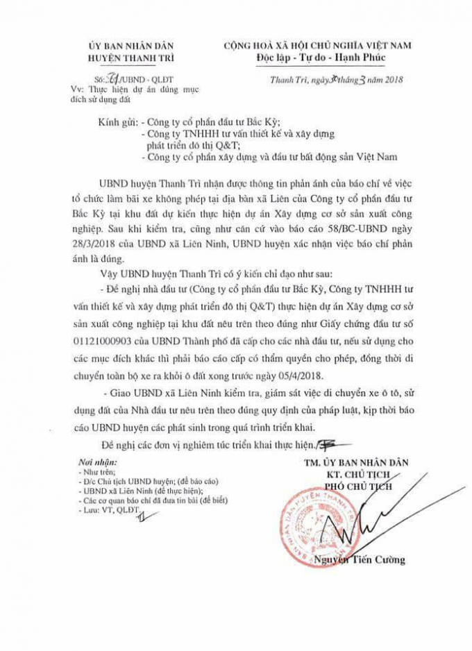 Văn bản của UBND huyện Thanh Trì.