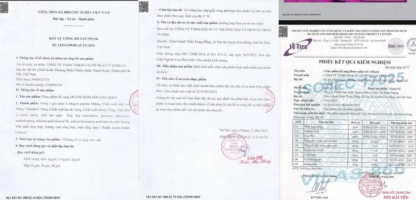 Bản tự công bố sản phẩm Detox mâm xôi Clollagen do Công ty Minh Vương sản xuất còn Công ty TNHH thương mại và dịch vụ Sunrise Beauty là thương nhân chịu trách nhiệm về chất lượng và phân phối sản phẩm.