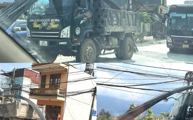 Sa Pa (Lào Cai): Tạm giữ bằng lái xe tải chở vật liệu trên nóc tung tăng giữa phố