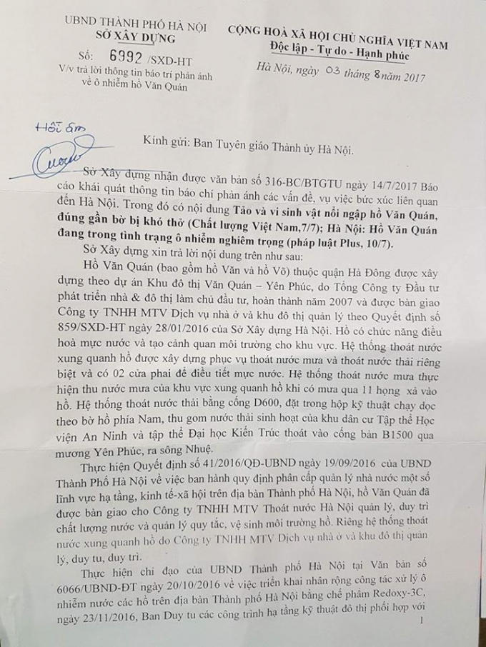 Công văn Sở xây dựng Hà Nôi trả lời thông tin Pháp luật plus phản ánh về ô nhiễm hồ Văn Quán gửi Ban tuyên giáo thành ủy Hà Nội.