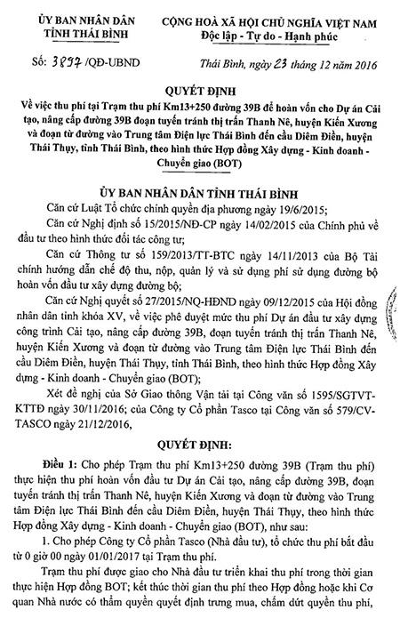 Nội dung Quyết định số 3897/QĐ-UBND của UBND tỉnh Thái Bình.