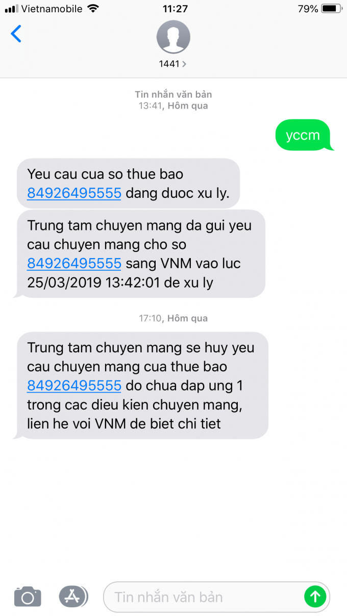 Tin nhắn phản hồi của Vietnamobile khi khách hàng nhiều lần gửi yêu cầu chuyển mạng.