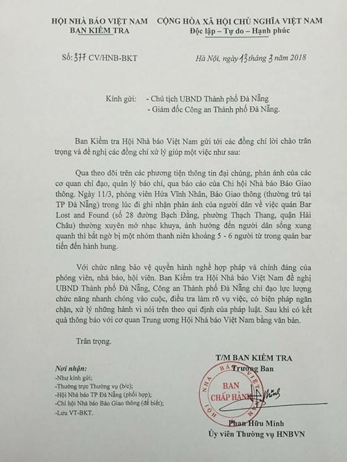 Công văn của Ban Kiểm tra - Hội Nhà báo Việt Nam gửi UBND TP Đà Nẵng, Công an TP Đà Nẵng.